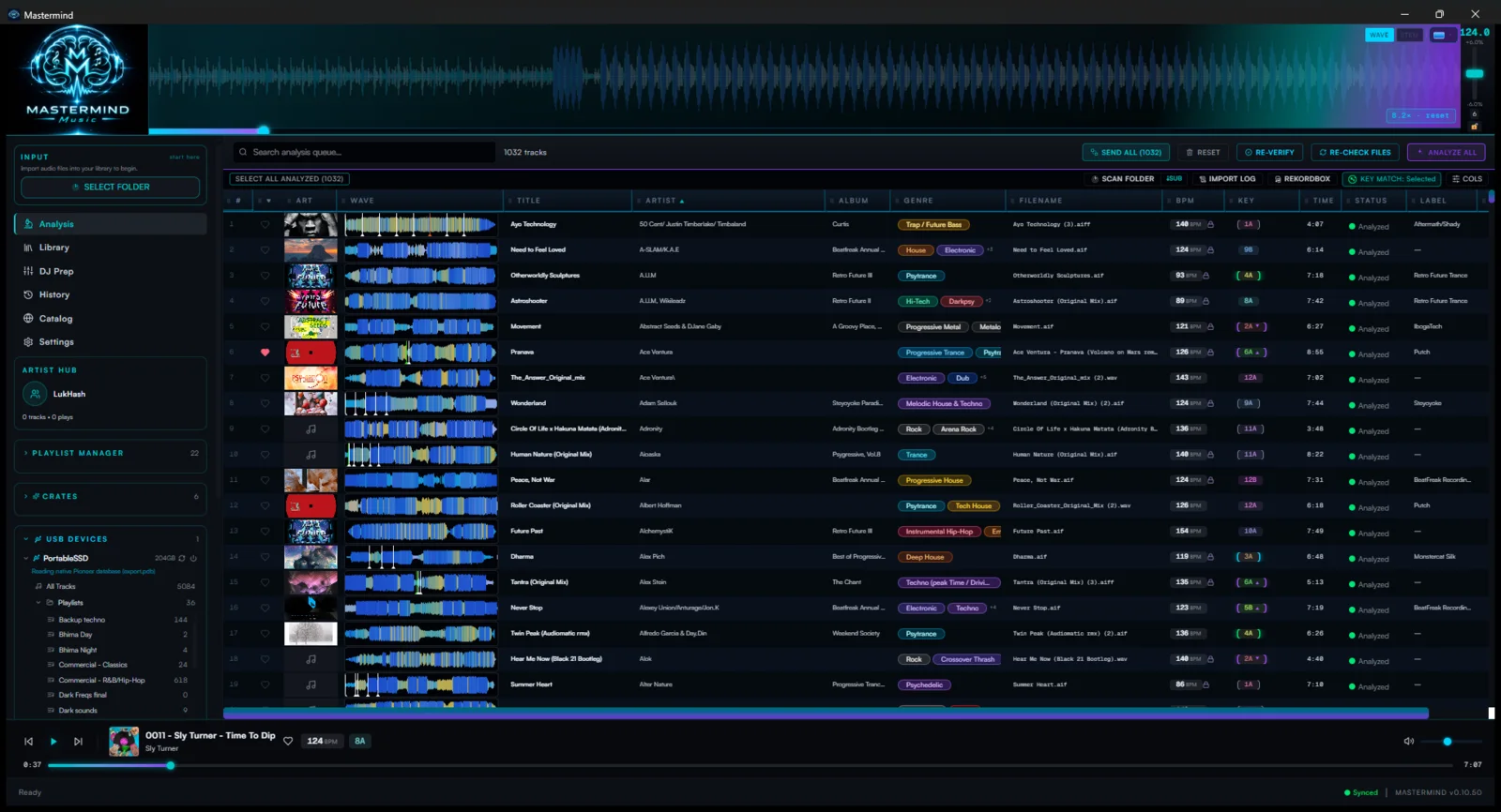 The Mastermind analysis page with a queue of tracks showing BPM, key and energy