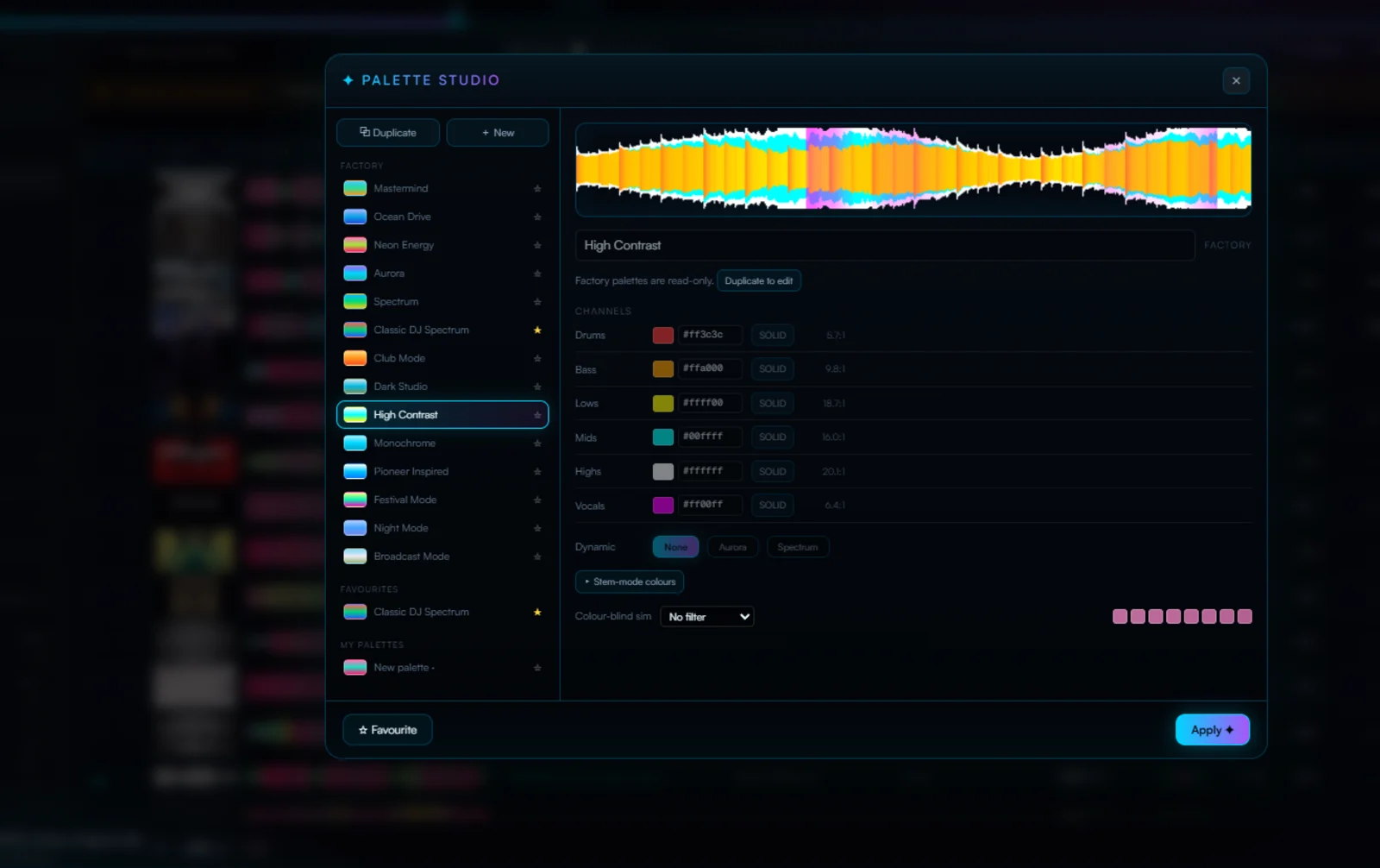 The Palette Studio editing custom waveform colours
